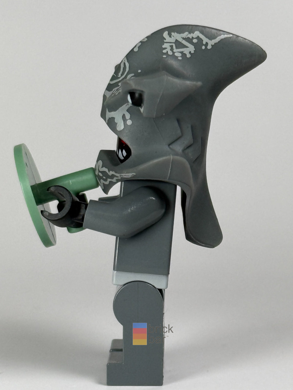 Brick Bar original photograph of Atlantis Hammerhead Warrior atl017, side view showing shark headgear and shield