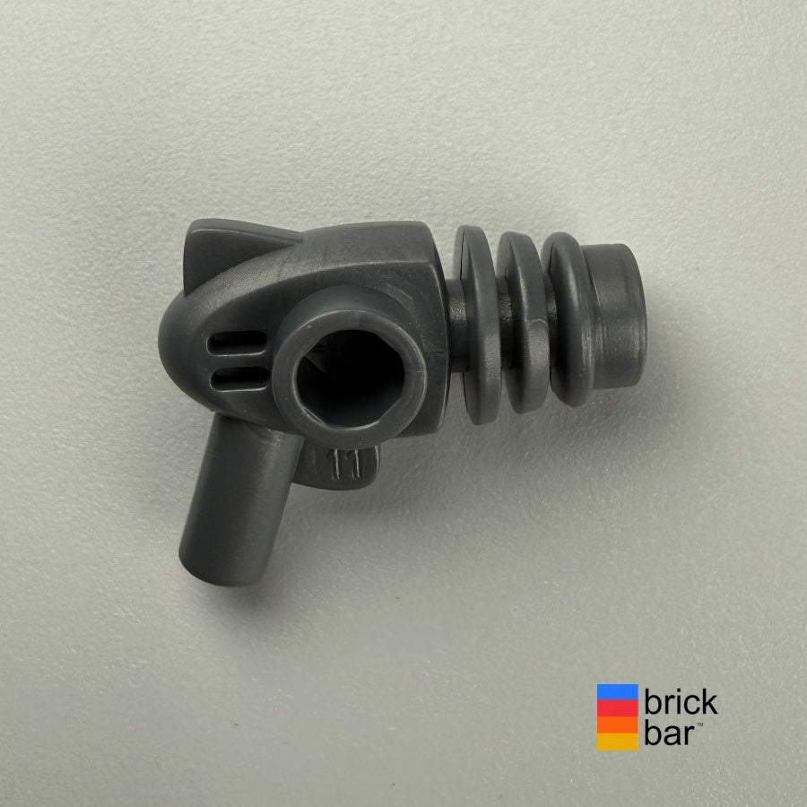 Flat silver Space Ray Gun 13608 with rounded heat diffusers, side view photographed by Brick Bar.