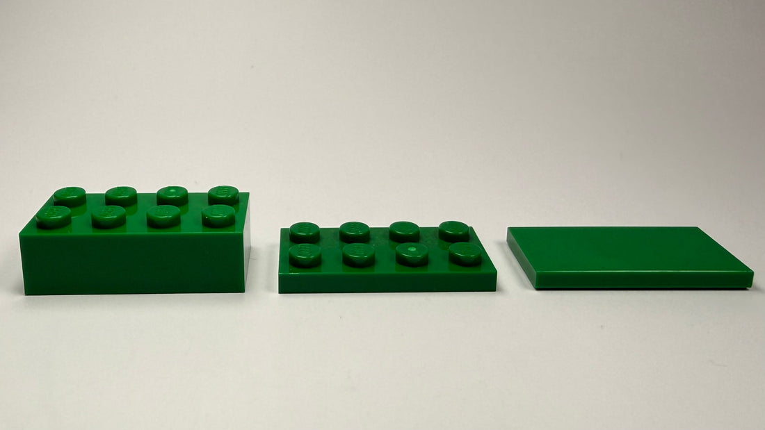 LEGO® brick, plate and tile examples illustrating basic LEGO part terminology.