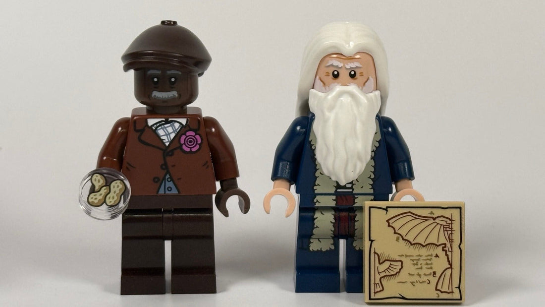 George Washington Carver LEGO minifigure idea223 with peanut tile beside Leonardo da Vinci twn518 with flying-machine sketch.