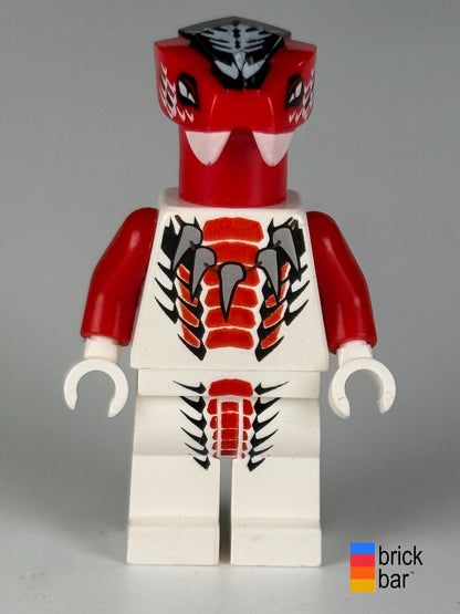 Fang-Suei njo0036, front view: red snake headpiece, printed white torso and legs with red and black scale details.