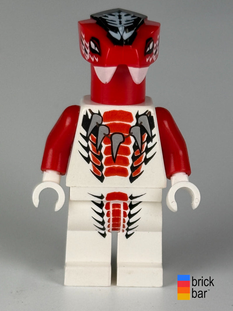 Fang-Suei njo0036, front view: red snake headpiece, printed white torso and legs with red and black scale details.