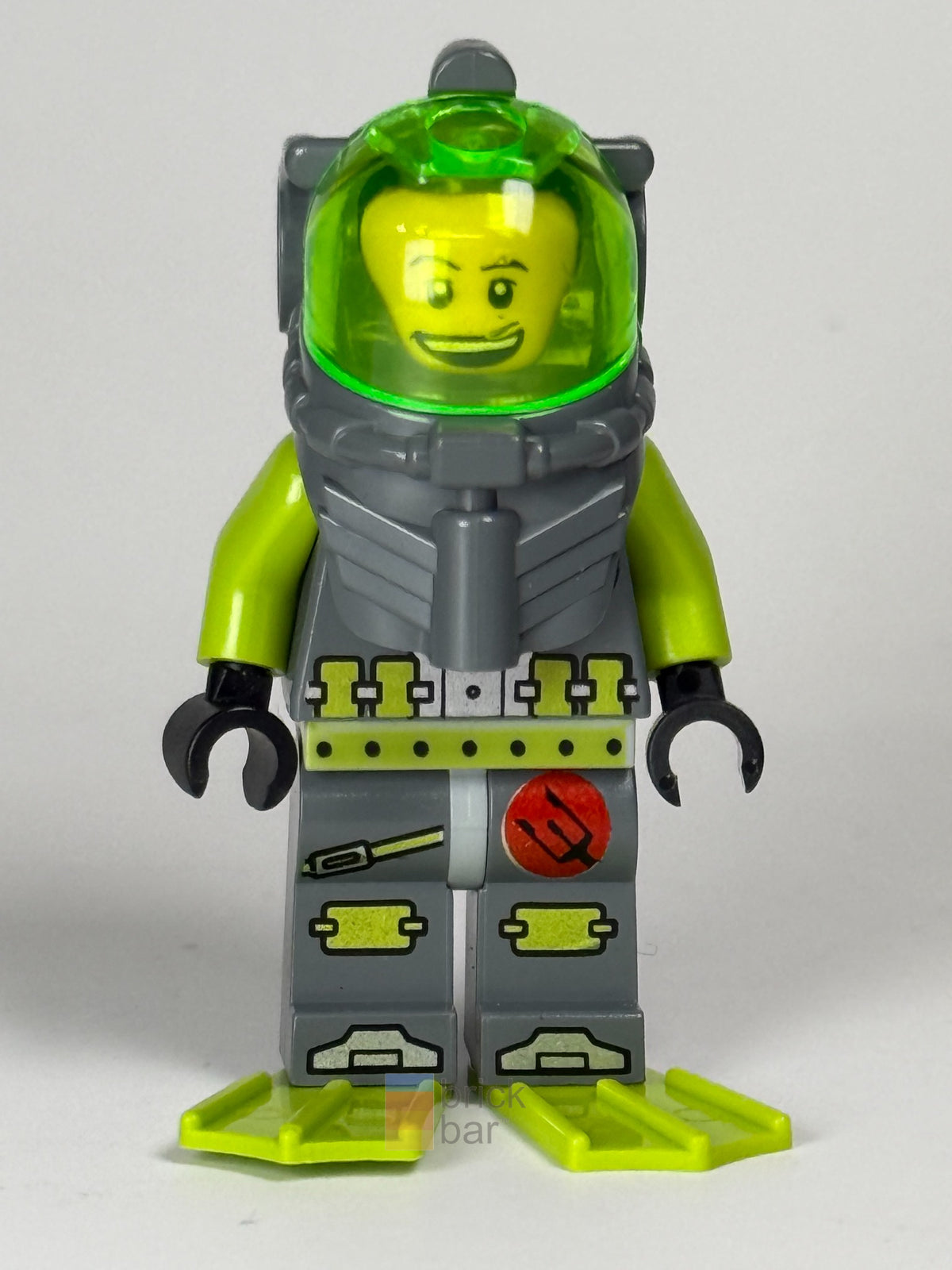 Brick Bar original photograph of Atlantis Diver 2 Bobby atl002 assembled wearing transparent-green diving visor and lime flippers, front view