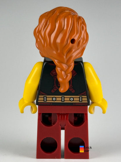 LEGO Viking Blacksmith idea167 with dark orange braided hair and dark red overalls — back view