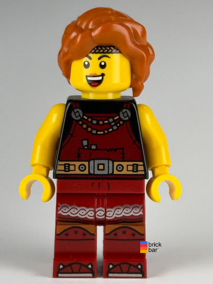LEGO Viking Blacksmith idea167 with dark orange braided hair and dark red overalls — front view
