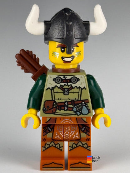 LEGO Viking Archer idea168 with olive tunic, horned helmet and quiver — front view