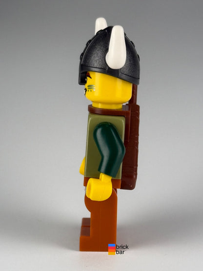 LEGO Viking Archer idea168 with olive tunic, horned helmet and quiver — side view