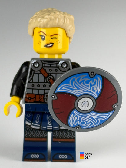 LEGO Viking Shield-Maiden idea170 with tan braided ponytail and raven-pattern shield — alternate-face view