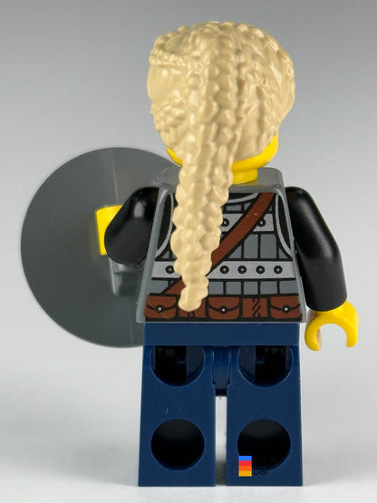 LEGO Viking Shield-Maiden idea170 with tan braided ponytail and raven-pattern shield — back view