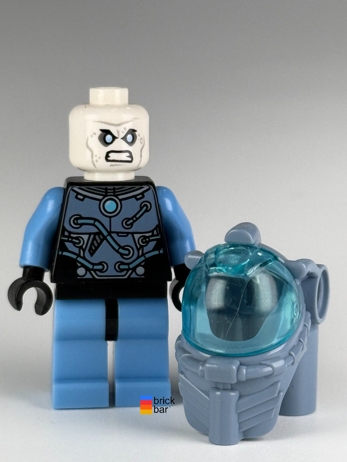 Mr. Freeze sh0049 LEGO DC Super Heroes minifigure, helmet off view.