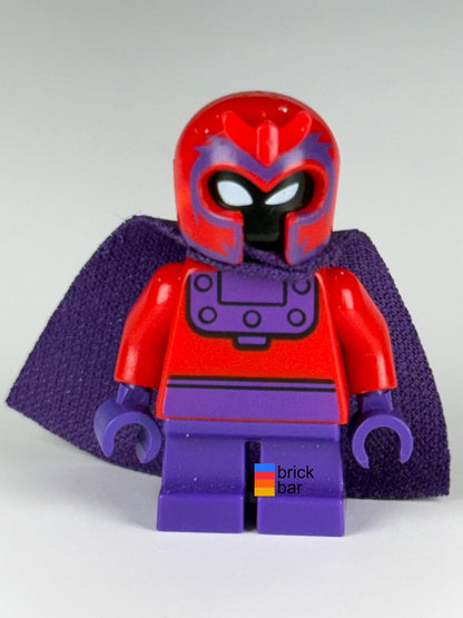 Front view of Magneto - Short Legs LEGO Marvel Super Heroes minifigure sh0365, red helmet, purple cape and short legs