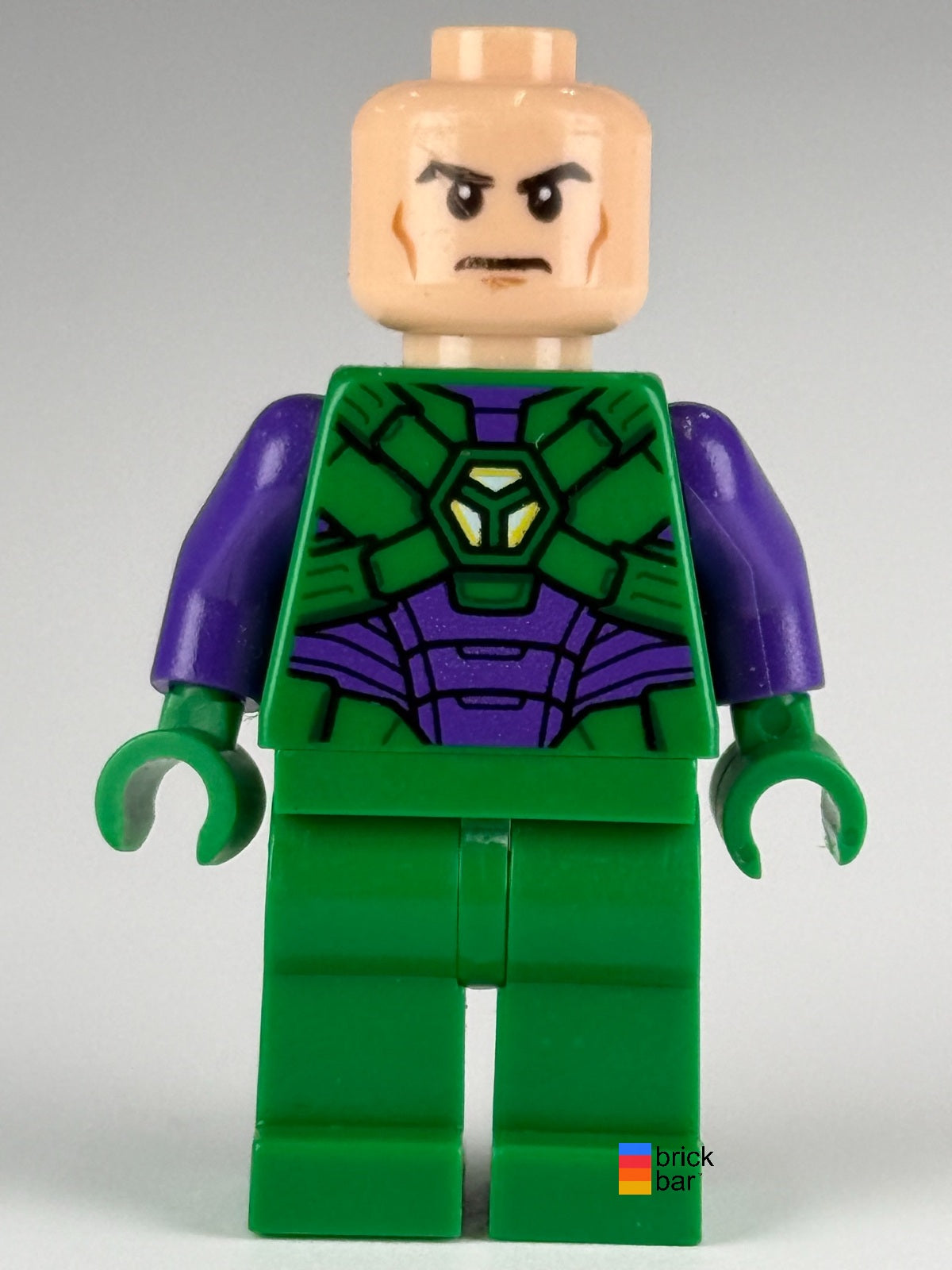 LEGO Lex Luthor sh0459 green and dark purple light armor — front view