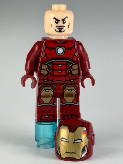 Iron Man sh0649 LEGO® Marvel minifigure — tony head detail view, actual item photographed by Brick Bar™
