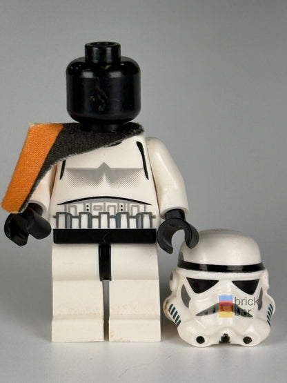 Helmet-off view of Sandtrooper sw0109a revealing plain black head and original solid-mouth helmet