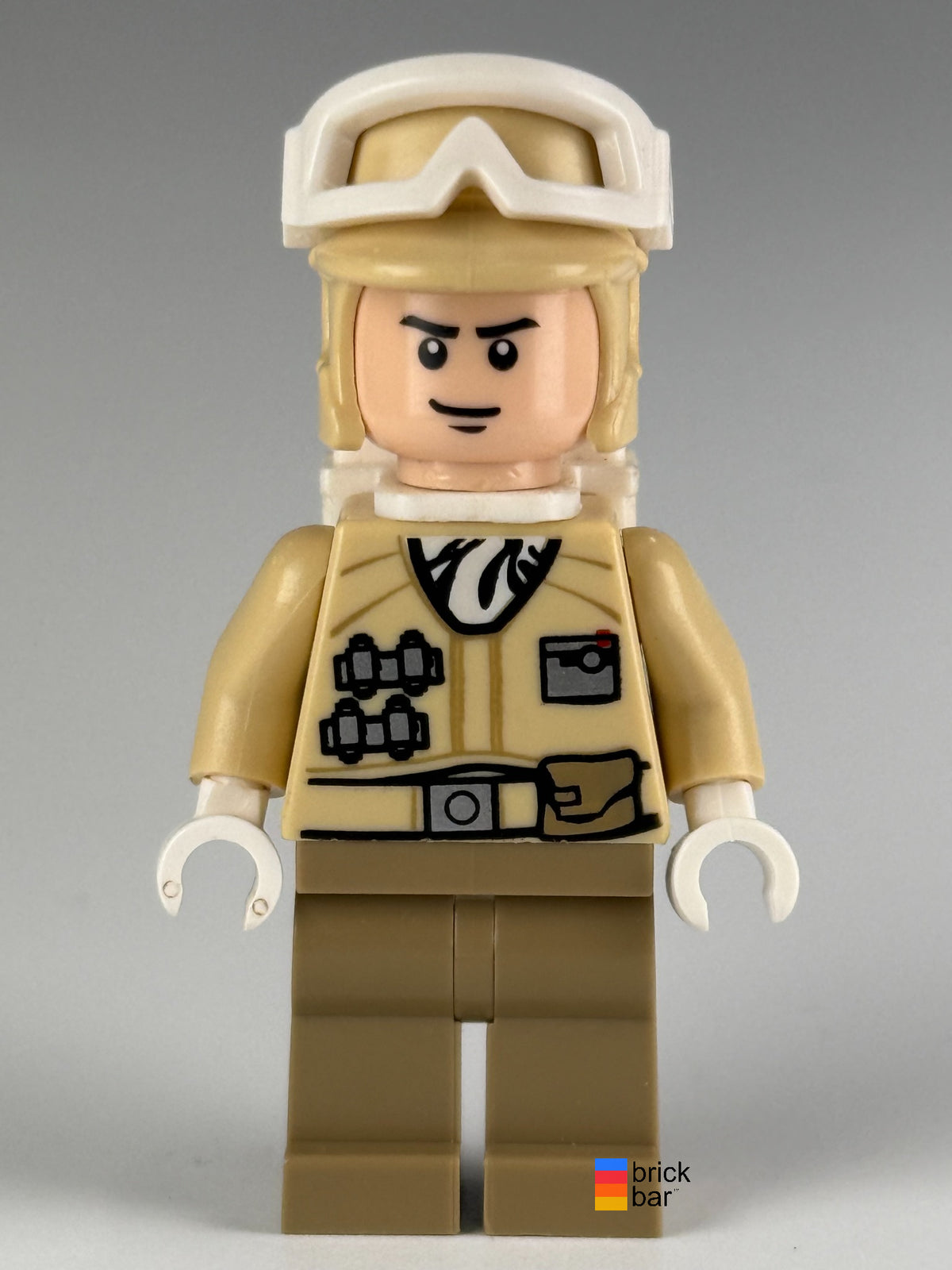Hoth Rebel Trooper (Black Chin Dimple) sw0291 front view with white backpack and snow goggles — original Brick Bar photograph