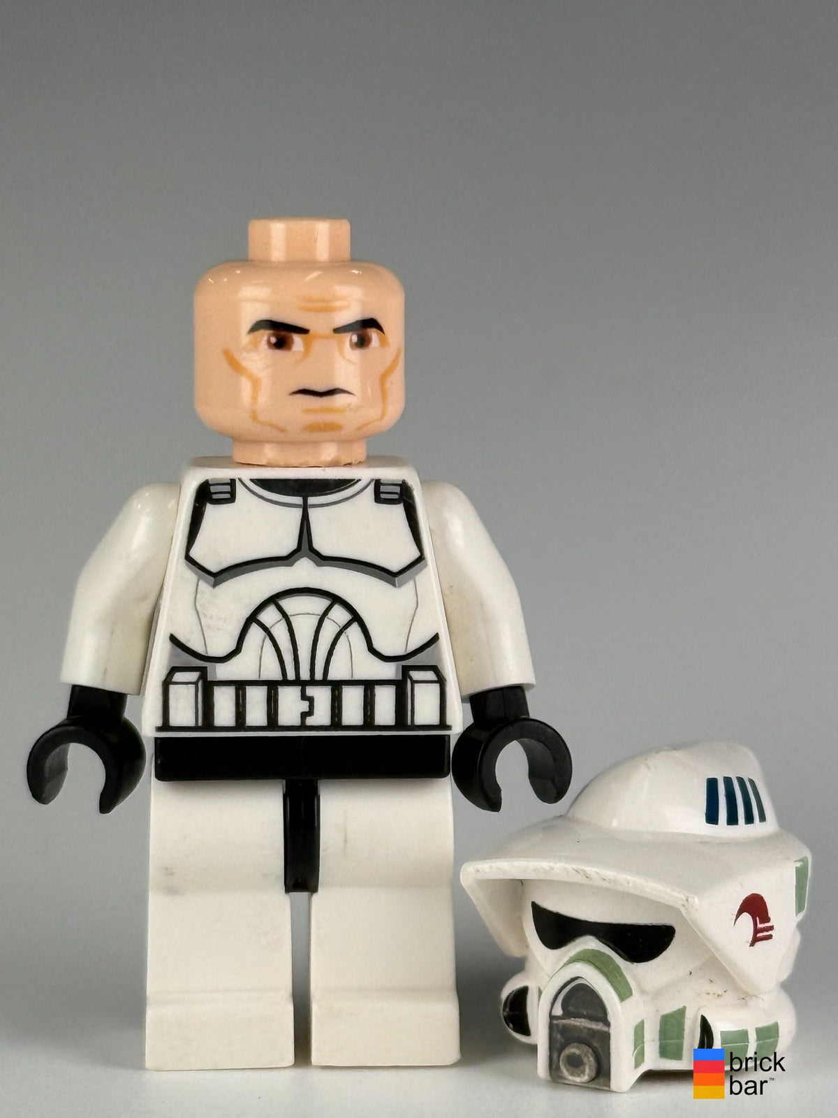 Clone ARF Trooper Razor / Stak sw0297 helmet off view — original Brick Bar™ photograph