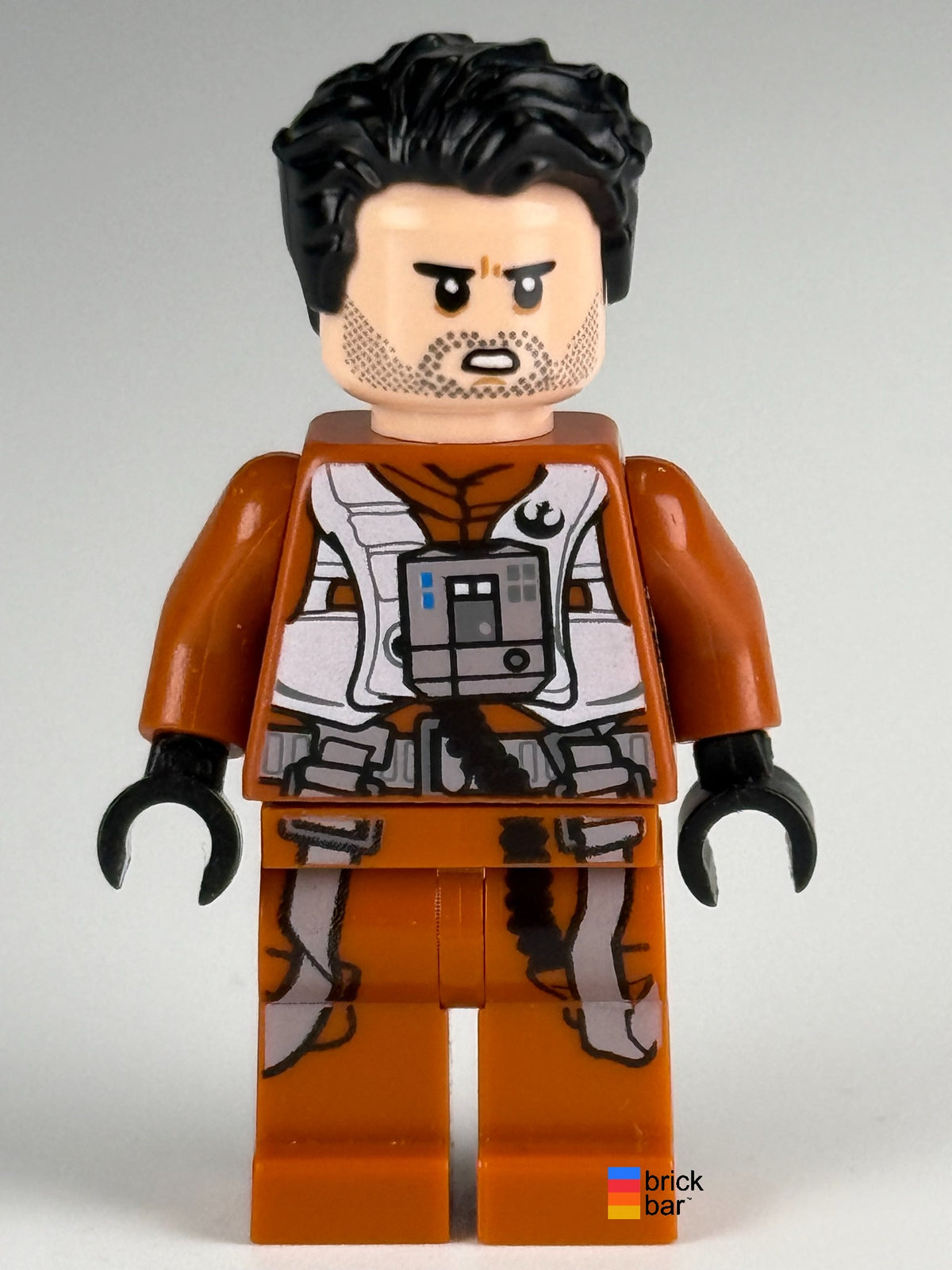 Poe Dameron sw0931 LEGO Star Wars minifigure, open-mouth scowling side of the double-sided head