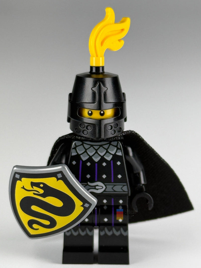 Serpent Knight cas593 front wearing helmet and yellow plume, with included cape and shield