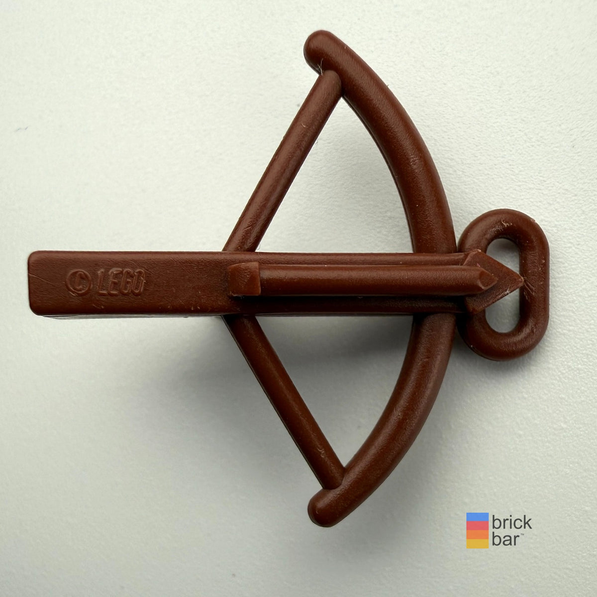 Genuine LEGO crossbow 2570 in reddish brown, side view — Brick Bar original photograph