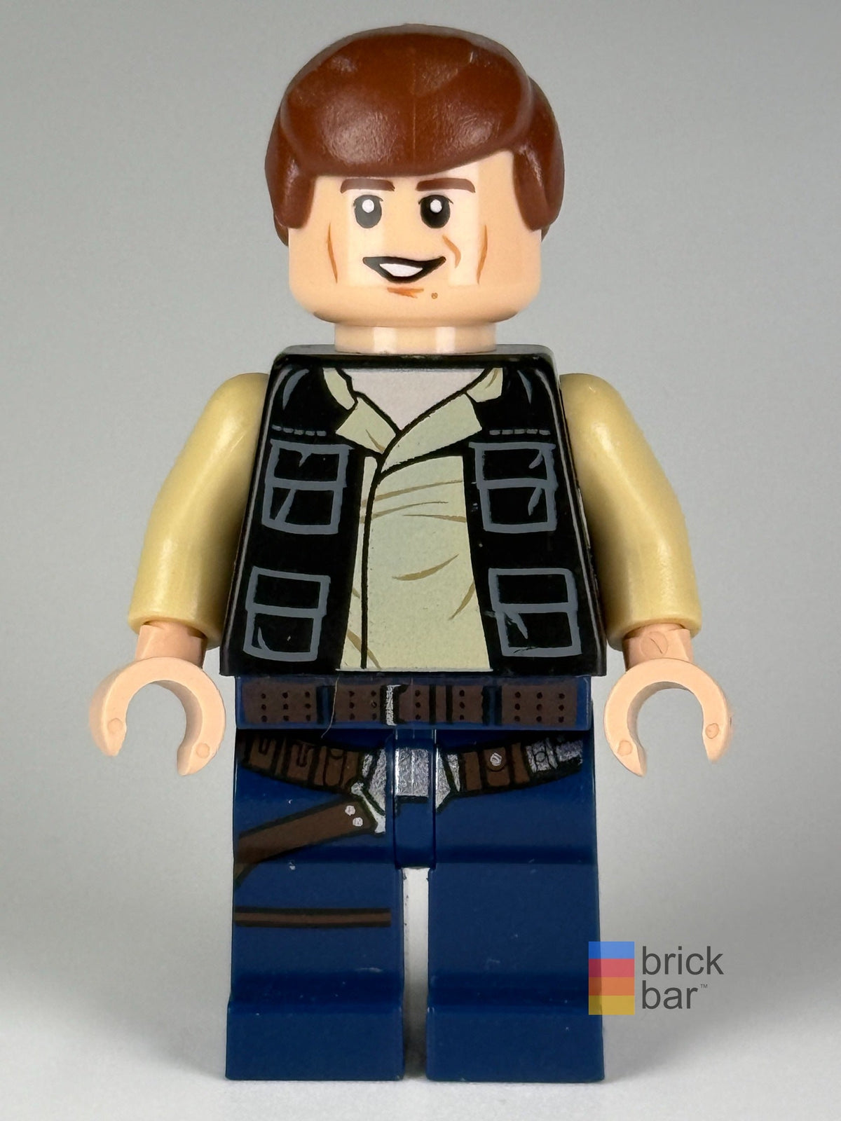 Han Solo LEGO Star Wars minifigure sw0539 front, smiling expression — original Brick Bar™ photograph