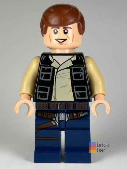 Han Solo LEGO Star Wars minifigure sw0539 front, smiling expression — original Brick Bar™ photograph