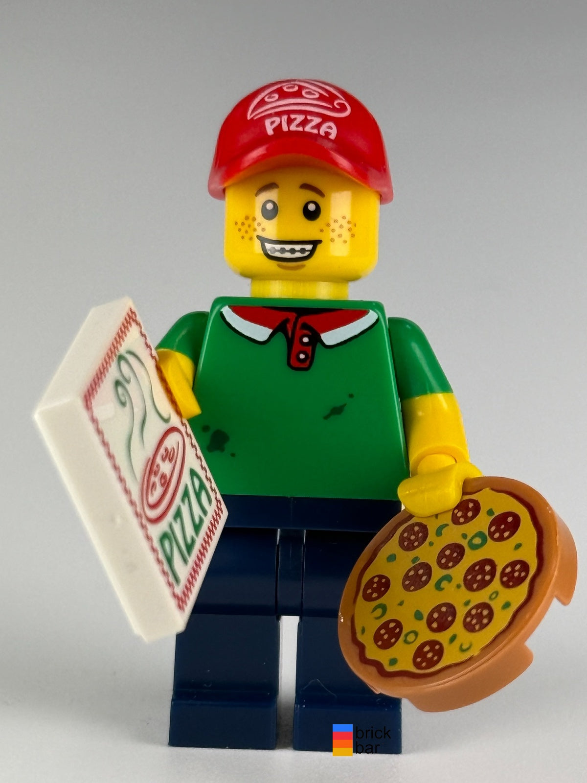 LEGO Pizza Delivery Guy col189, Series 12 — front view, with pizza and printed pizza-box tile