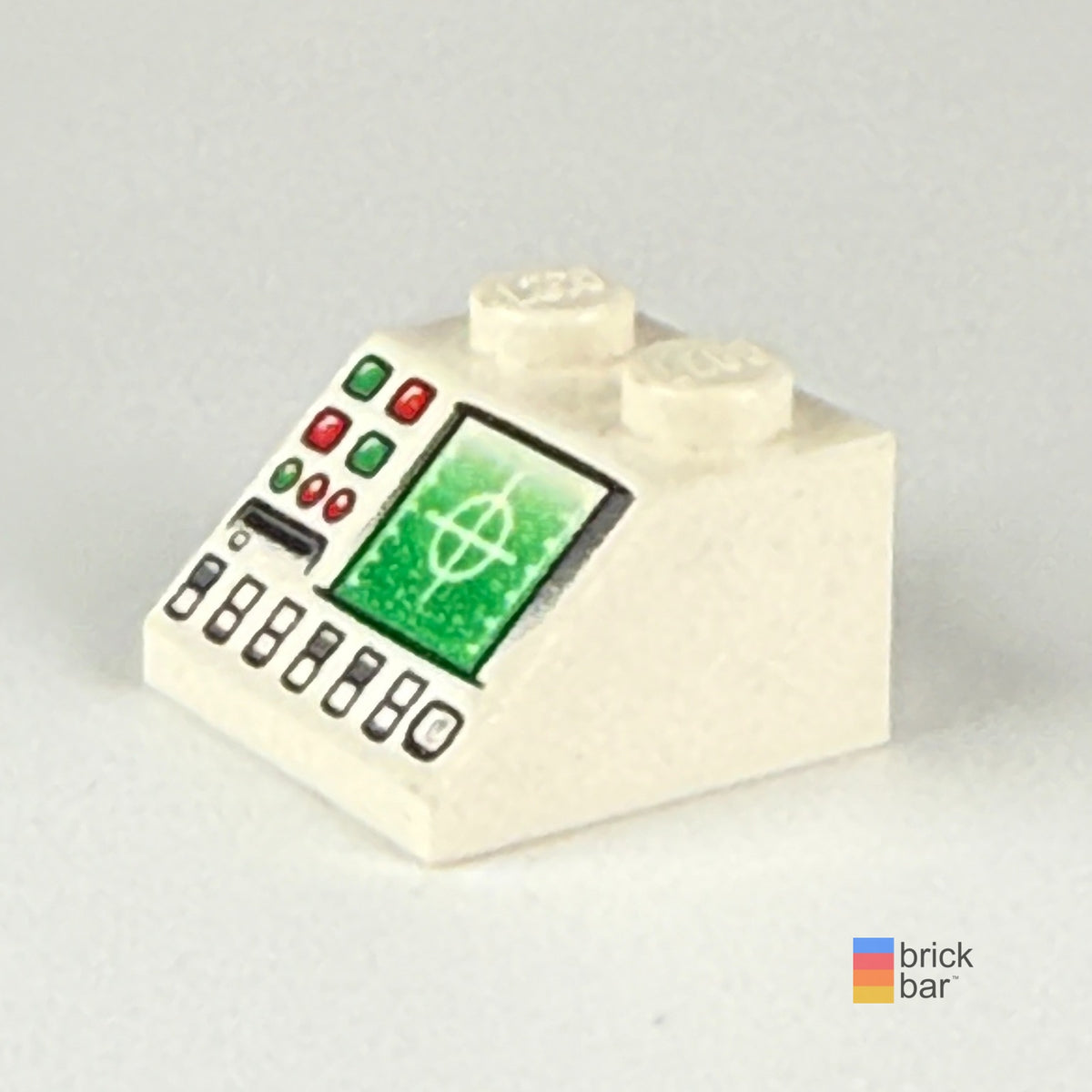 White LEGO radar control panel 3039pb041, angled view — original Brick Bar photograph