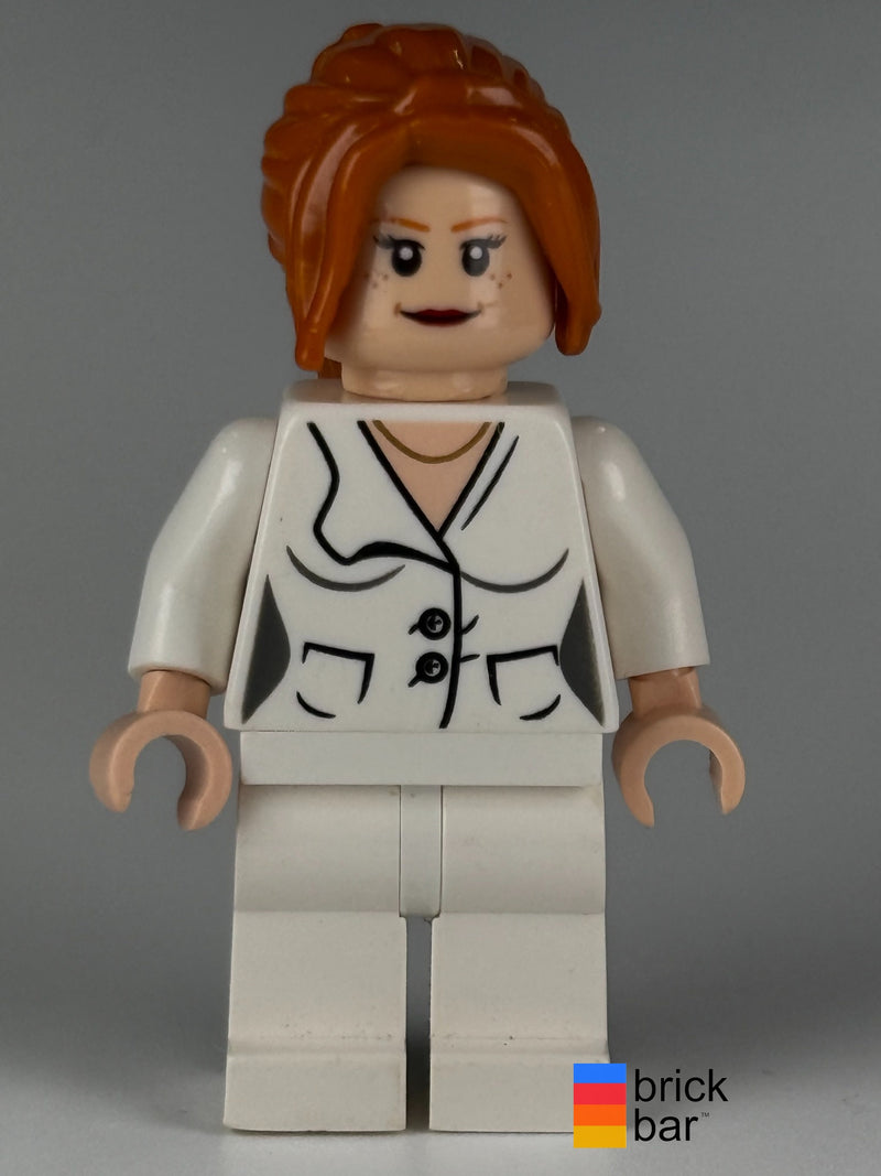 Front view of LEGO Marvel Super Heroes Pepper Potts in white suit, minifigure sh0068.