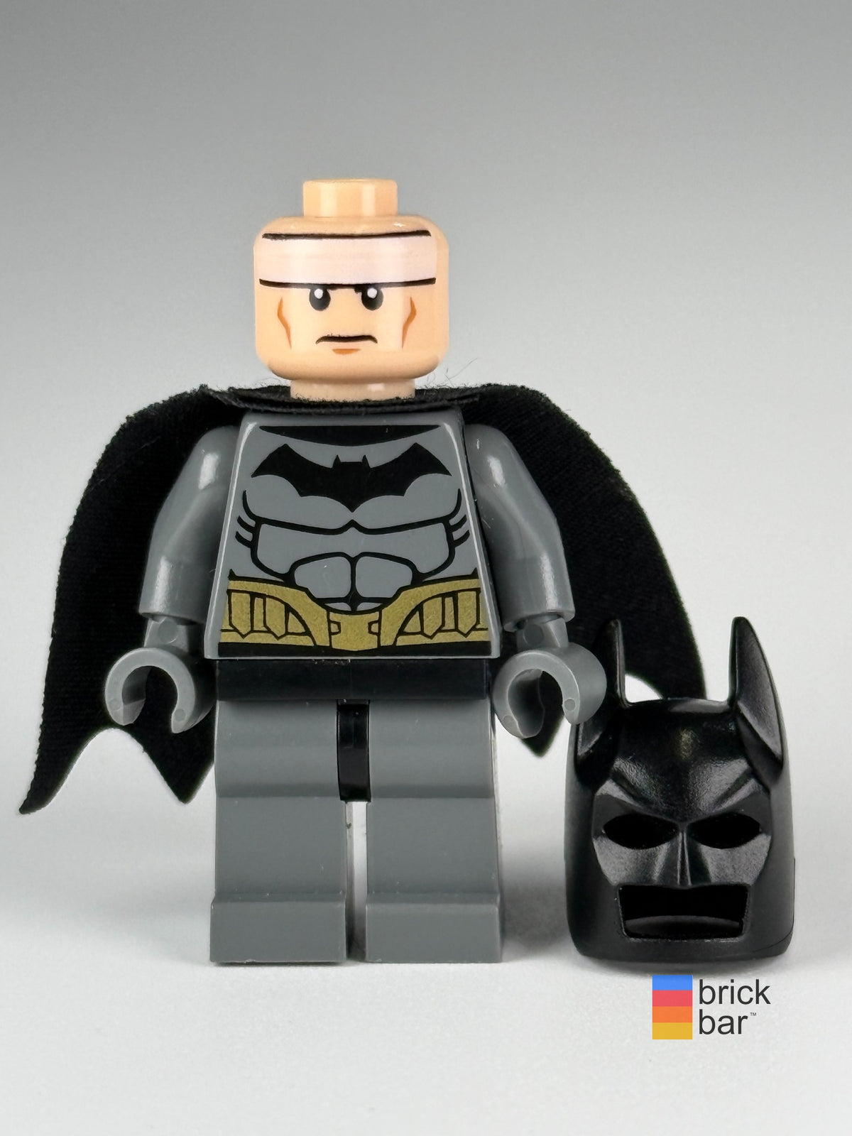 Brick Bar original photograph of Batman - Dark Bluish Gray Suit, Gold Belt, Dark Bluish Gray Hands sh0089, front unmasked frown view