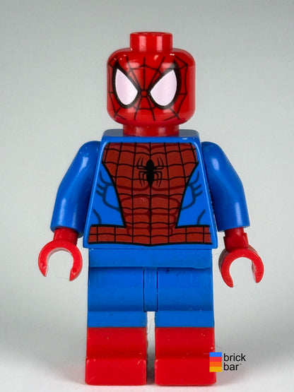 Spider-Man sh0205 LEGO minifigure with black web pattern and molded red boots, front view