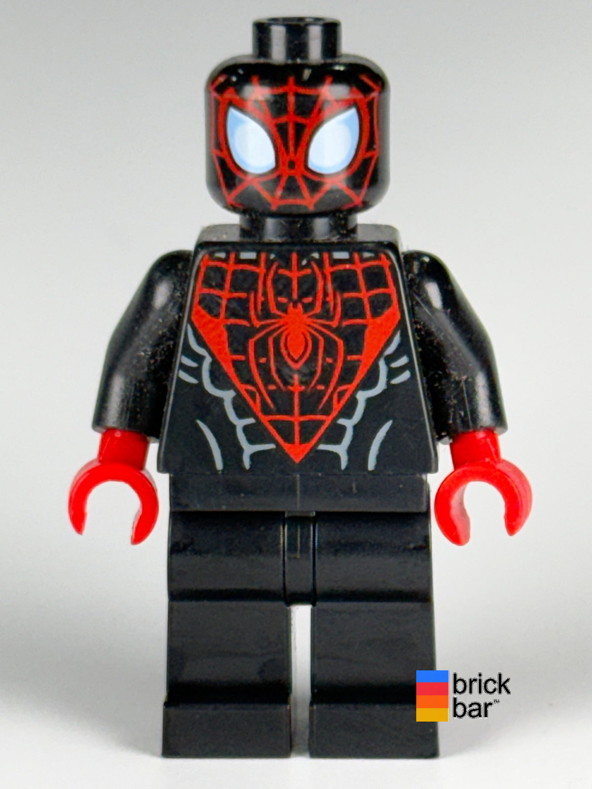 Spider-Man sh0190 front view, Miles Morales black suit with red webbing and red hands